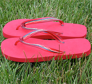 red rainbow flip flops